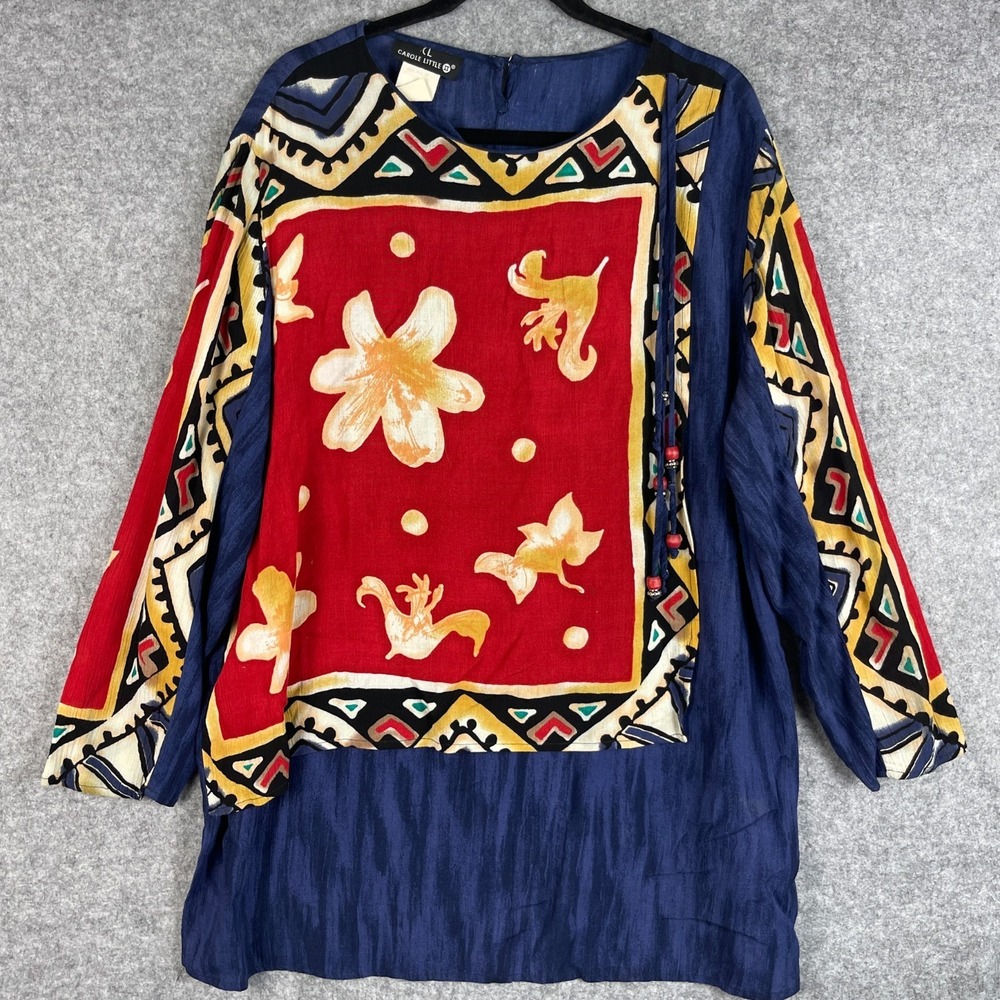 Vintage Carole Little Tunic Top Womens 16 Floral Long Sleeve German Fabric Boho